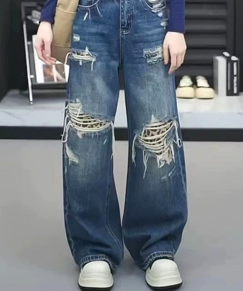 CANVAS+(キャンバスプラス)の「【CANVAS+】ダメージ×レオパードデニムパンツ(デニムパンツ・レディース・ブルー・L/M/S)」の13枚目の写真