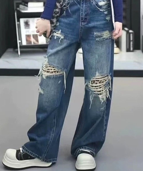 CANVAS+(キャンバスプラス)の「【CANVAS+】ダメージ×レオパードデニムパンツ(デニムパンツ・レディース・ブルー・L/M/S)」の14枚目の写真
