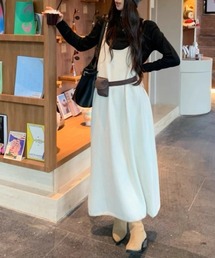 ゆったり シンプルカジュアルレイヤードニットキャミロングワンピース