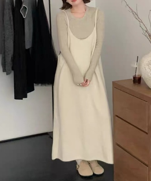 gossip！ロサンゼルス（ゴシップロサンゼルス）の「ゆったり シンプルカジュアルレイヤードニットキャミロングワンピース（ワンピース・レディース・ブラック/グレー/オフホワイト・FREE）」の12枚目の写真