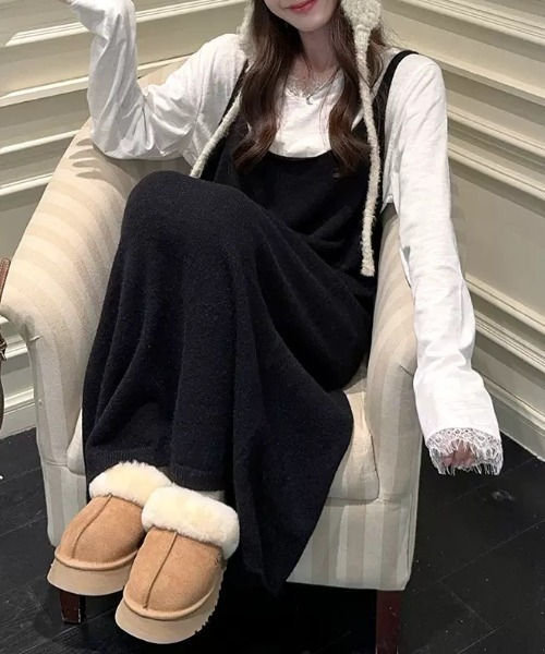 gossip！ロサンゼルス（ゴシップロサンゼルス）の「ゆったり シンプルカジュアルレイヤードニットキャミロングワンピース（ワンピース・レディース・ブラック/グレー/オフホワイト・FREE）」の19枚目の写真