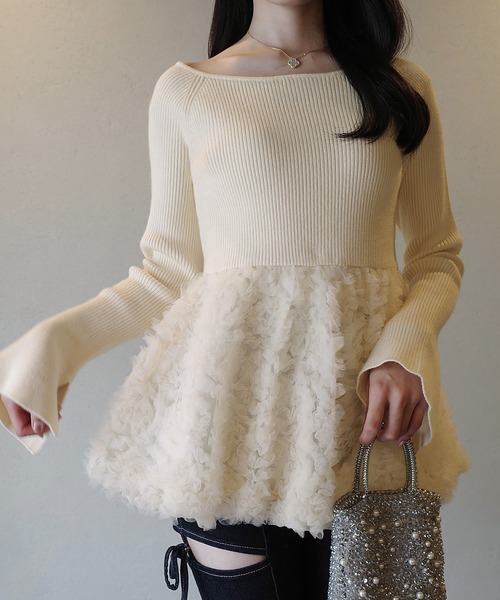 JUNOAH チュールペプラムドッキングニット セール】チュールペプラムドッキングニット（ニット/セーター