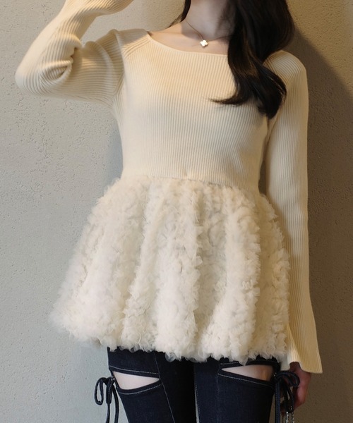 JUNOAH チュールペプラムドッキングニット チュールペプラムドッキングニット（ニット/セーター）｜JUNOAH