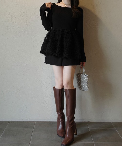 JUNOAH チュールペプラムドッキングニット ジュノア JUNOAH チュールペプラムドッキングニット （ブラック