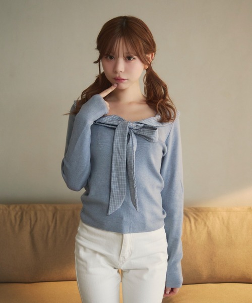 TITTY&CO.（ティティーアンドコー）の「チェックカラーリボンニット（ニット/セーター・レディース・ブラック/アイボリー/ブルー/グレー・FREE）」の10枚目の写真