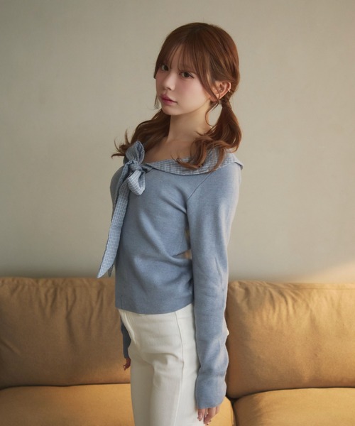 TITTY&CO.（ティティーアンドコー）の「チェックカラーリボンニット（ニット/セーター・レディース・ブラック/アイボリー/ブルー/グレー・FREE）」の12枚目の写真