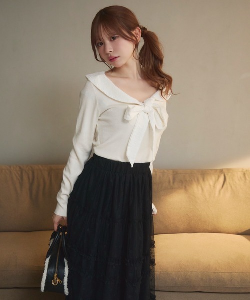 TITTY&CO.（ティティーアンドコー）の「チェックカラーリボンニット（ニット/セーター・レディース・ブラック/アイボリー/ブルー/グレー・FREE）」の9枚目の写真