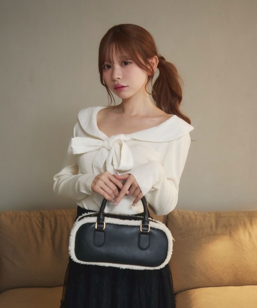 TITTY&CO.（ティティーアンドコー）の「チェックカラーリボンニット（ニット/セーター・レディース・ブラック/アイボリー/ブルー/グレー・FREE）」の13枚目の写真