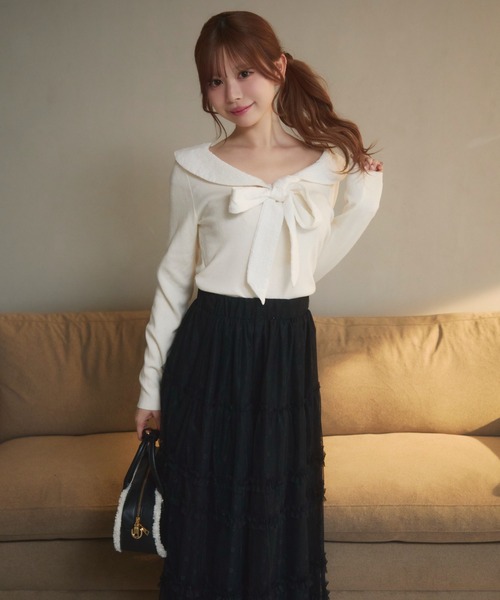 TITTY&CO.（ティティーアンドコー）の「チェックカラーリボンニット（ニット/セーター・レディース・ブラック/アイボリー/ブルー/グレー・FREE）」の14枚目の写真