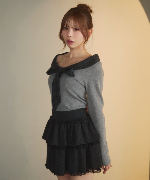 TITTY&CO.（ティティーアンドコー）の「チェックカラーリボンニット（ニット/セーター・レディース・ブラック/アイボリー/ブルー/グレー・FREE）」の16枚目の写真