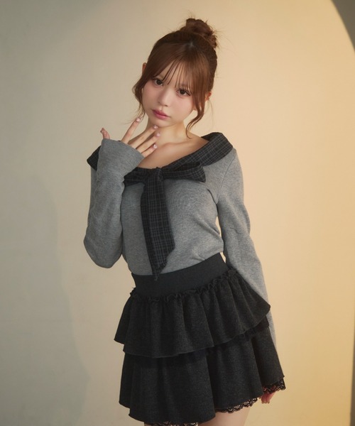 TITTY&CO.（ティティーアンドコー）の「チェックカラーリボンニット（ニット/セーター・レディース・ブラック/アイボリー/ブルー/グレー・FREE）」の17枚目の写真