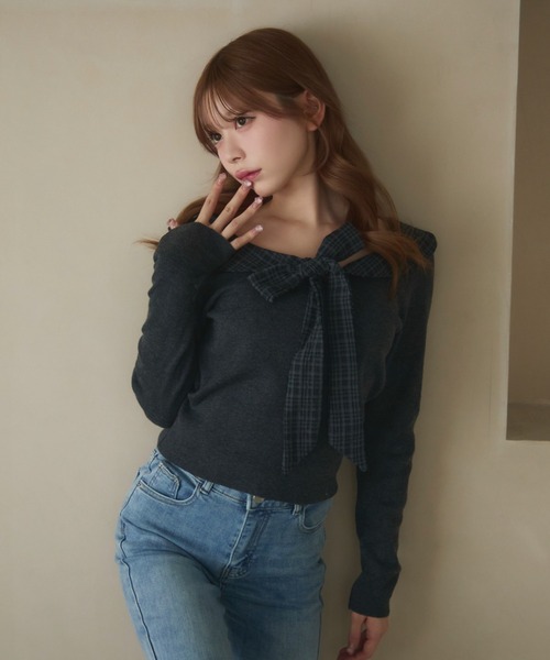 TITTY&CO.（ティティーアンドコー）の「チェックカラーリボンニット（ニット/セーター・レディース・ブラック/アイボリー/ブルー/グレー・FREE）」の21枚目の写真