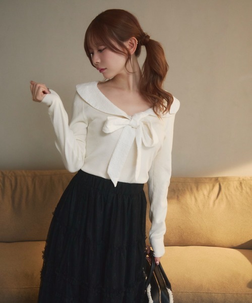 リボン付きグレーリブ編み長袖セーター MAJESTIC LEGON（マジェスティックレゴン） ニット セーター ふわふわ