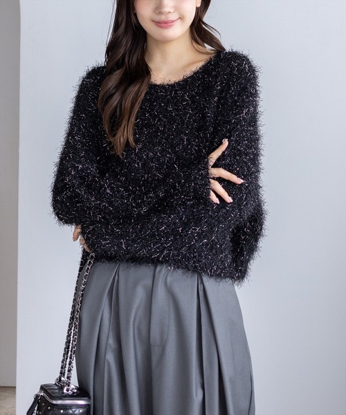 CLEAR BASIC（クリアベーシック）の「ラメニットプルオーバー［大人 カジュアル 着回し力抜群］（ニット/セーター・レディース・モカ/ブラック/ライトグレー・F）」の2枚目の写真