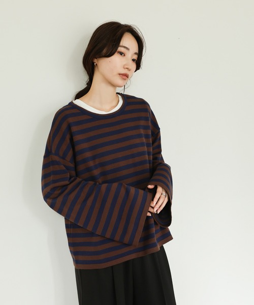 select MOCA Et（セレクトモカエト）の「【Et】Flare Sleeve Assorted Border Knit（ニット/セーター・レディース・ブラウン/ブラック/アイボリー・FREE）」の3枚目の写真