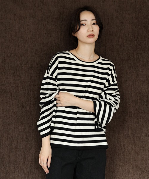 select MOCA Et（セレクトモカエト）の「【Et】Flare Sleeve Assorted Border Knit（ニット/セーター・レディース・ブラウン/ブラック/アイボリー・FREE）」の16枚目の写真