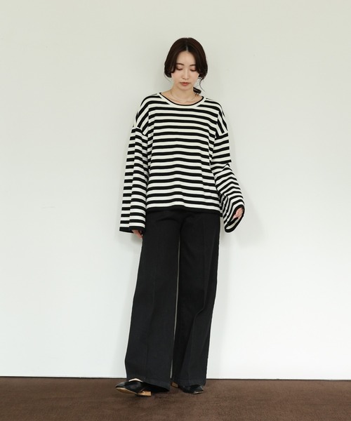 select MOCA Et（セレクトモカエト）の「【Et】Flare Sleeve Assorted Border Knit（ニット/セーター・レディース・ブラウン/ブラック/アイボリー・FREE）」の18枚目の写真