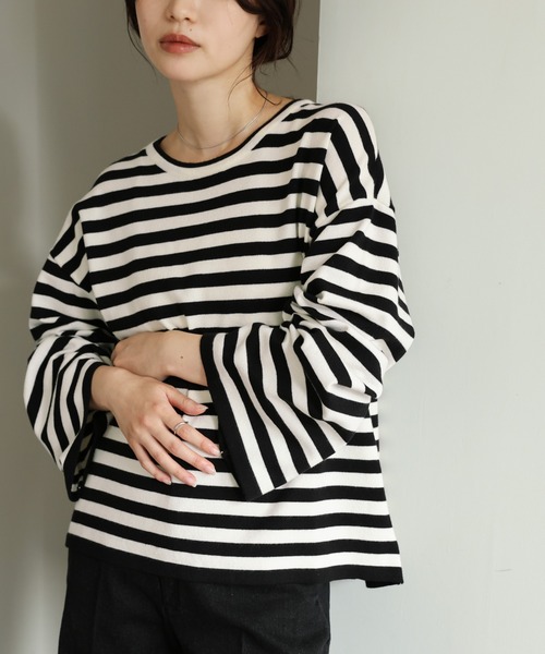 select MOCA Et（セレクトモカエト）の「【Et】Flare Sleeve Assorted Border Knit（ニット/セーター・レディース・ブラウン/ブラック/アイボリー・FREE）」の15枚目の写真