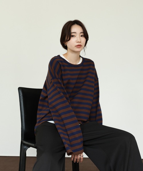 select MOCA Et（セレクトモカエト）の「【Et】Flare Sleeve Assorted Border Knit（ニット/セーター・レディース・ブラウン/ブラック/アイボリー・FREE）」の8枚目の写真
