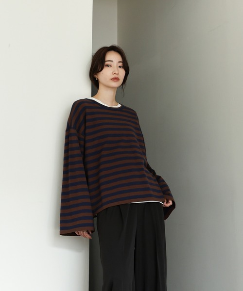 select MOCA Et（セレクトモカエト）の「【Et】Flare Sleeve Assorted Border Knit（ニット/セーター・レディース・ブラウン/ブラック/アイボリー・FREE）」の10枚目の写真