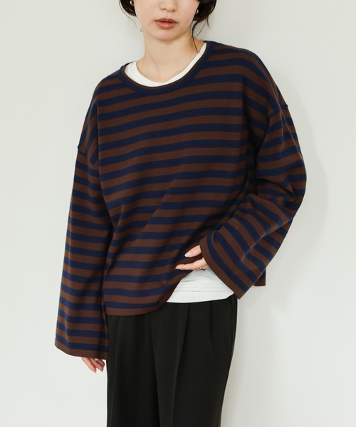 select MOCA Et（セレクトモカエト）の「【Et】Flare Sleeve Assorted Border Knit（ニット/セーター・レディース・ブラウン/ブラック/アイボリー・FREE）」の9枚目の写真