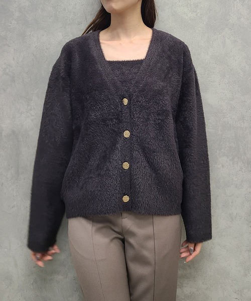 12Twelve Agenda（トゥエルブ　アジェンダ）の「Vネックシャギーミディカーディガン×インナーセット（アンサンブル・レディース・アイボリー/チャコールグレー・M）」の2枚目の写真