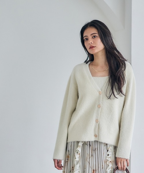 Vネックシャギーミディカーディガン×インナーセット