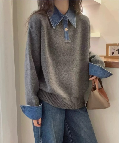 SEN TOKYO（セントーキョー）の「デニムドッキングニット（ニット/セーター・レディース・ボルドー/ホワイト/ネイビー/グレー/ブラック・FREE）」の3枚目の写真