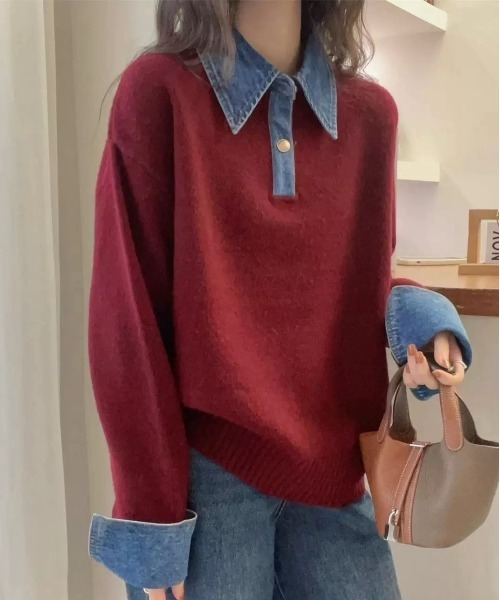 SEN TOKYO（セントーキョー）の「デニムドッキングニット（ニット/セーター・レディース・ボルドー/ホワイト/ネイビー/グレー/ブラック・FREE）」の6枚目の写真