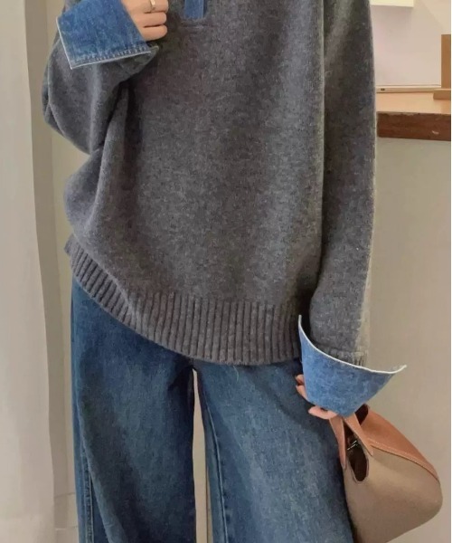 SEN TOKYO（セントーキョー）の「デニムドッキングニット（ニット/セーター・レディース・ボルドー/ホワイト/ネイビー/グレー/ブラック・FREE）」の11枚目の写真