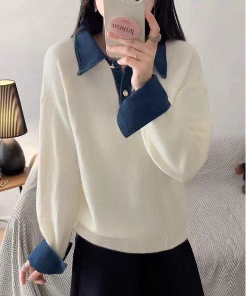 SEN TOKYO（セントーキョー）の「デニムドッキングニット（ニット/セーター・レディース・ボルドー/ホワイト/ネイビー/グレー/ブラック・FREE）」の13枚目の写真