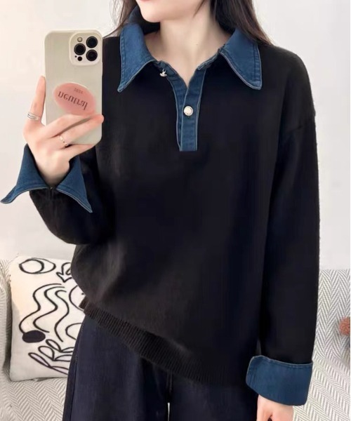 SEN TOKYO（セントーキョー）の「デニムドッキングニット（ニット/セーター・レディース・ボルドー/ホワイト/ネイビー/グレー/ブラック・FREE）」の16枚目の写真