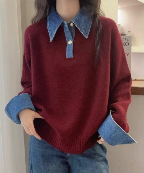 SEN TOKYO（セントーキョー）の「デニムドッキングニット（ニット/セーター・レディース・ボルドー/ホワイト/ネイビー/グレー/ブラック・FREE）」の7枚目の写真