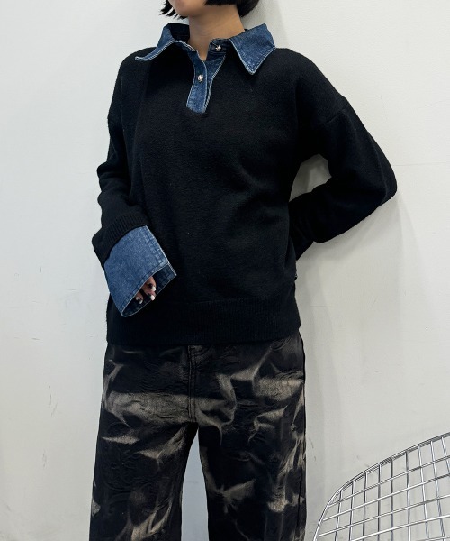 SEN TOKYO（セントーキョー）の「デニムドッキングニット（ニット/セーター・レディース・ボルドー/ホワイト/ネイビー/グレー/ブラック・FREE）」の17枚目の写真