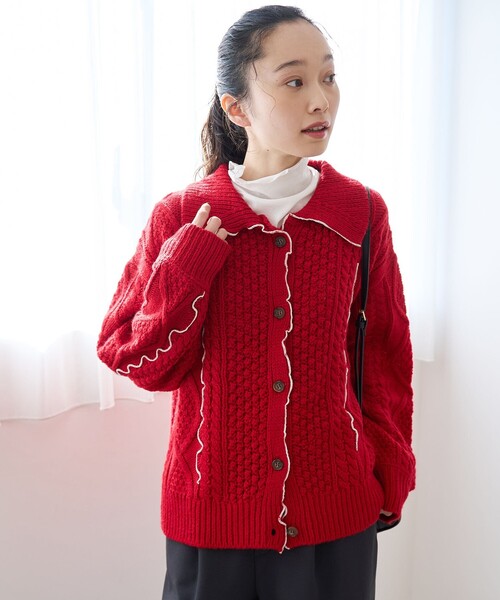 coen（コーエン）の「配色メローケーブル編み 襟付きニットカーディガン（カーディガン/ボレロ・レディース・レッド/ライトグレー/オフホワイト・L/M）」の20枚目の写真