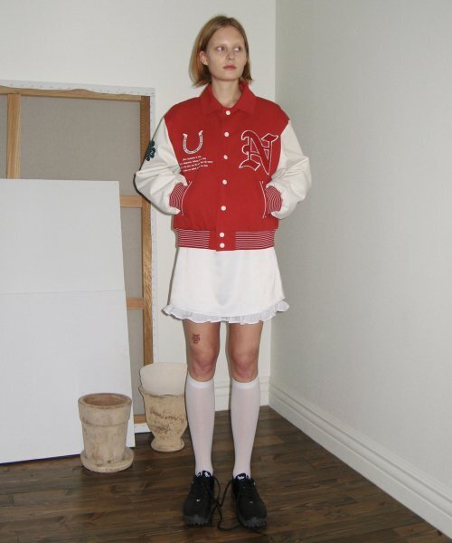 LUCKY STAMP VARSITY JACKET (RED)（スタジャン）｜SINOON（シヌーン