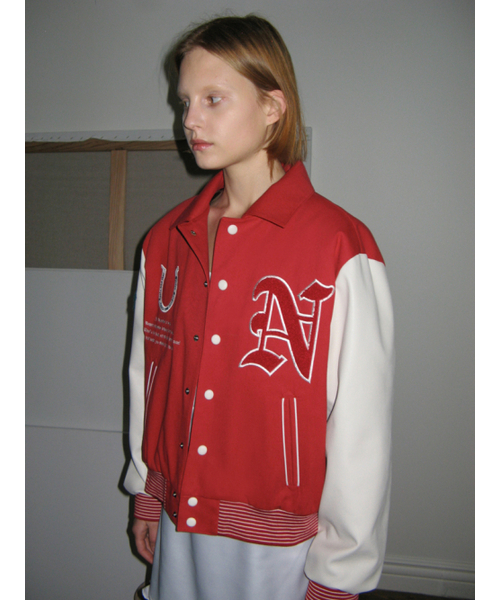 LUCKY STAMP VARSITY JACKET (RED)（スタジャン）｜SINOON（シヌーン