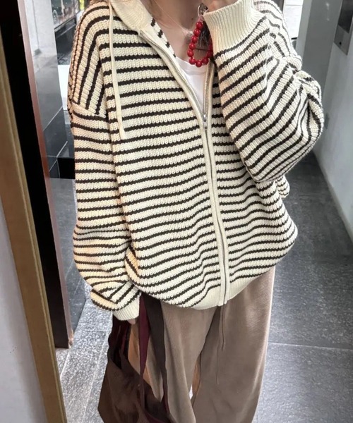 セール】ルーズフィット ストライプ パーカーカーディガン