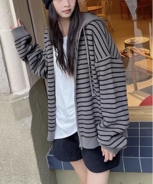 MAISON DE THERESE(メゾン ド テレーズ)の「ルーズフィット ストライプ パーカーカーディガン(カーディガン/ボレロ・レディース・アイボリー/グレー・FREE)」の6枚目の写真