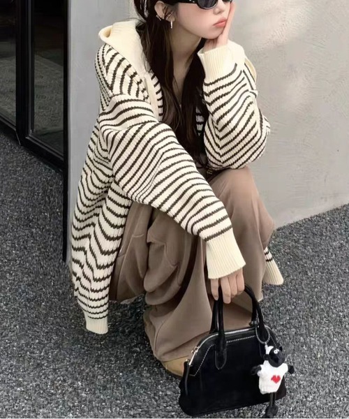 セール】ルーズフィット ストライプ パーカーカーディガン