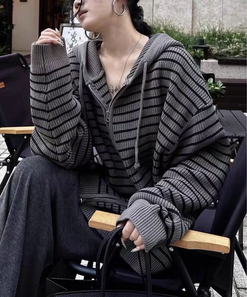 MAISON DE THERESE(メゾン ド テレーズ)の「ルーズフィット ストライプ パーカーカーディガン(カーディガン/ボレロ・レディース・アイボリー/グレー・FREE)」の9枚目の写真