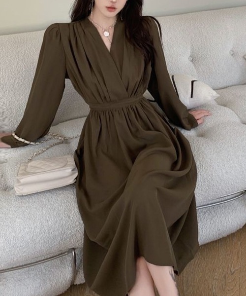 SallyLunn(サリーラン)の「ウエスト切り替えカシュクールワンピ(ワンピース・レディース・ブラック/カーキ・LARGE/MEDIUM)」の1枚目の写真