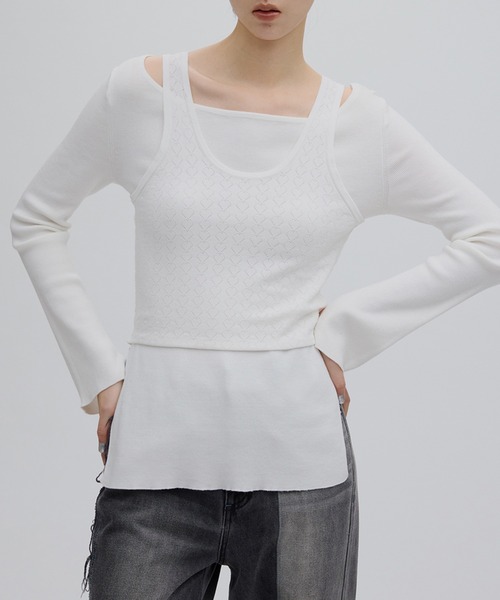 Ameri（アメリ）の「HEART TANK KNIT SET TOP（Tシャツ/カットソー