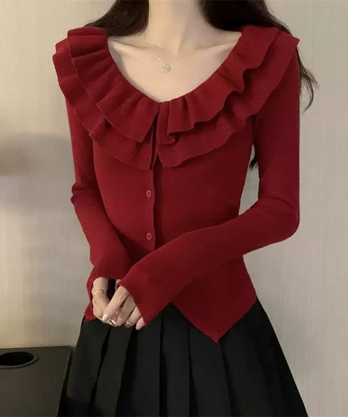 WESTSEA(ウエストシー)の「フリル襟 配色 ニットカーディガン(カーディガン/ボレロ・レディース・ブラック/ワイン/オフホワイト・FREE)」の3枚目の写真