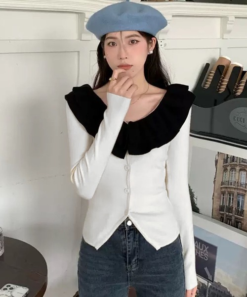 WESTSEA(ウエストシー)の「フリル襟 配色 ニットカーディガン(カーディガン/ボレロ・レディース・ブラック/ワイン/オフホワイト・FREE)」の7枚目の写真