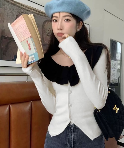 WESTSEA(ウエストシー)の「フリル襟 配色 ニットカーディガン(カーディガン/ボレロ・レディース・ブラック/ワイン/オフホワイト・FREE)」の8枚目の写真