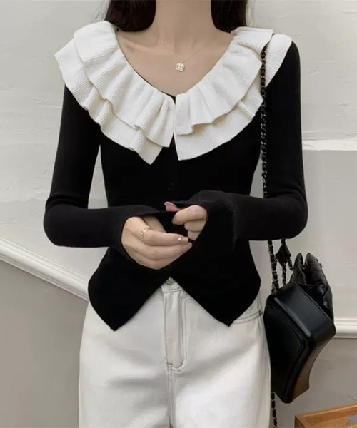 WESTSEA(ウエストシー)の「フリル襟 配色 ニットカーディガン(カーディガン/ボレロ・レディース・ブラック/ワイン/オフホワイト・FREE)」の16枚目の写真