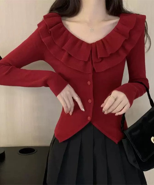 WESTSEA(ウエストシー)の「フリル襟 配色 ニットカーディガン(カーディガン/ボレロ・レディース・ブラック/ワイン/オフホワイト・FREE)」の11枚目の写真