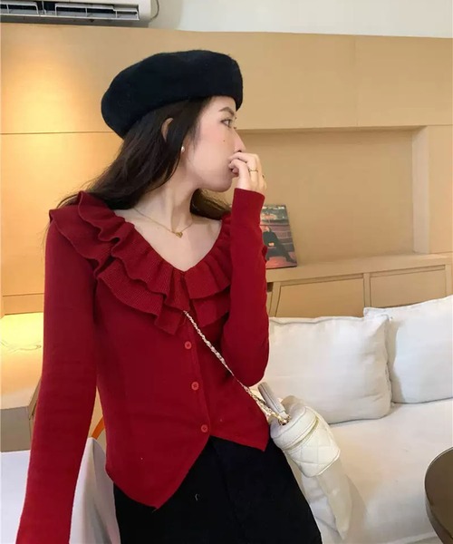 WESTSEA(ウエストシー)の「フリル襟 配色 ニットカーディガン(カーディガン/ボレロ・レディース・ブラック/ワイン/オフホワイト・FREE)」の12枚目の写真