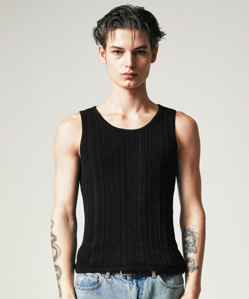 S SY(エスエスワイ)の「クルードリップスリーブレスニットトップブラック(Tシャツ/カットソー・メンズ・ブラック・MEDIUM/LARGE)」の3枚目の写真